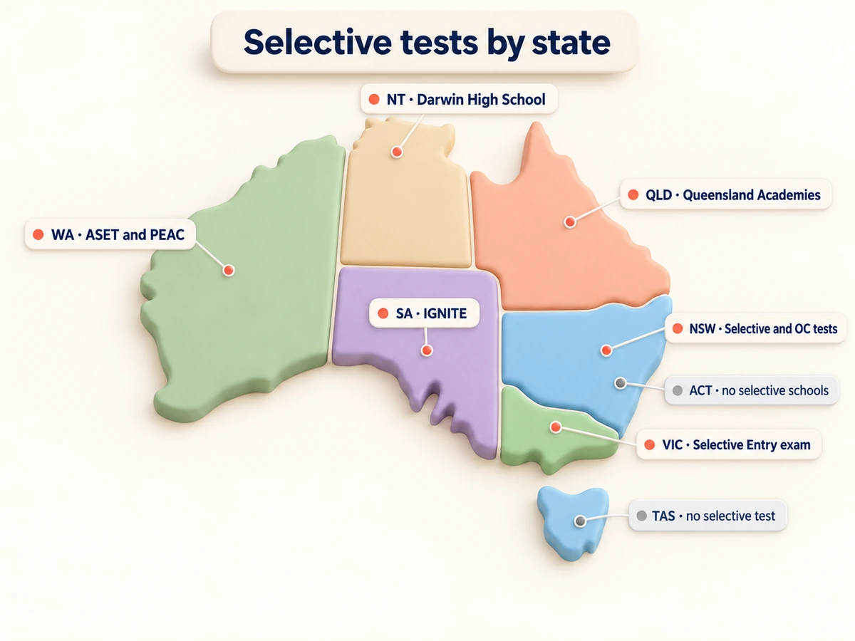 Map of Australia: NSW Selective and OC; VIC Selective Entry; QLD Queensland Academies; SA IGNITE; WA ASET and PEAC; NT Darwin High; ACT and TAS none.