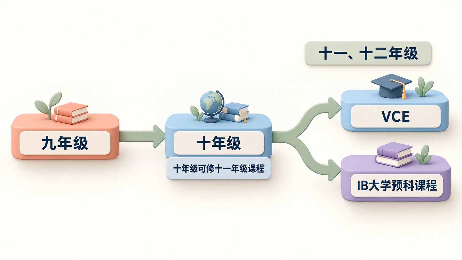 路径:九年级,十年级可修十一年级课程,十一、十二年级可选VCE或IB大学预科课程。