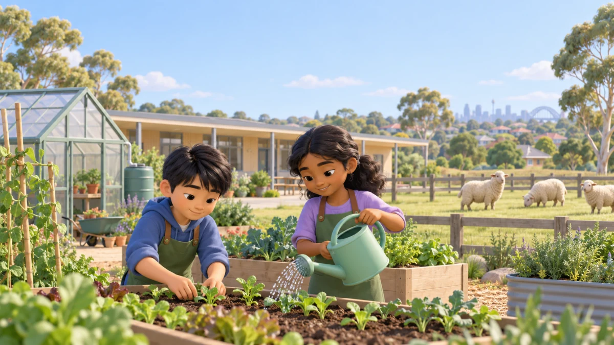Two students tend vegetable beds at a generic agricultural high school, with a greenhouse and a sheep paddock behind.