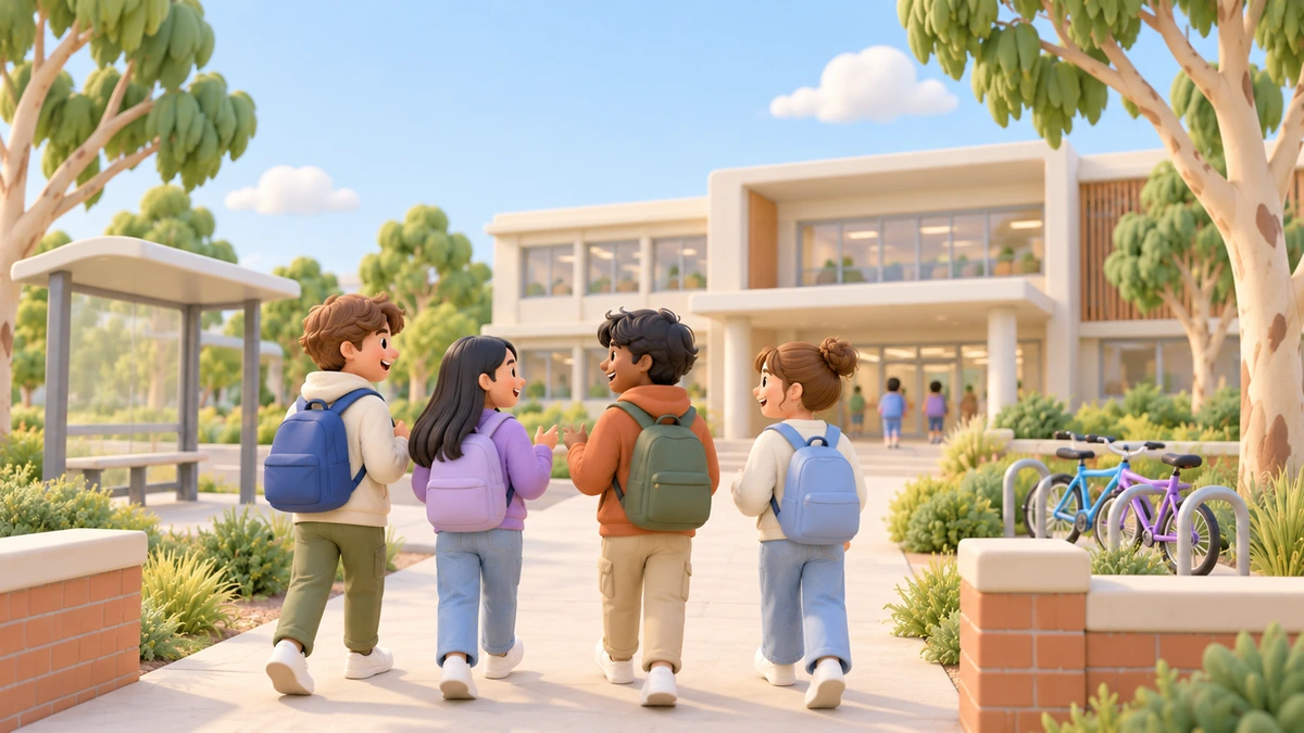 Secondary students walk along a path toward a plain modern school building on a calm morning.