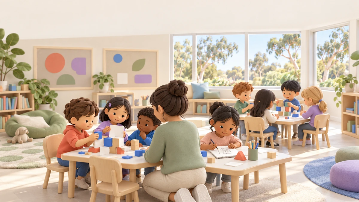 Children work in small groups on a hands-on problem in a generic primary school classroom.
