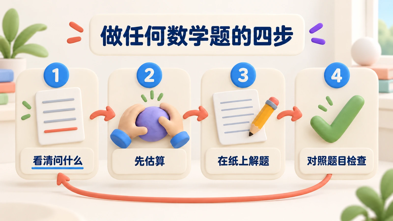 方法：看清问什么，先估算，在纸上一步一行地解，再对照题目检查。