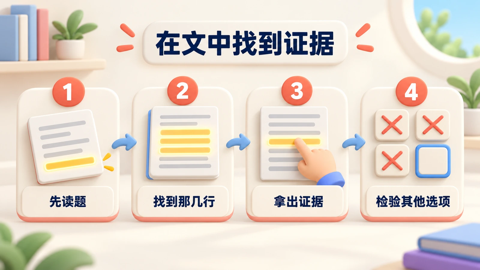 方法：先读题，找到那几行，用文中的词拿出证据，再检验其他选项。