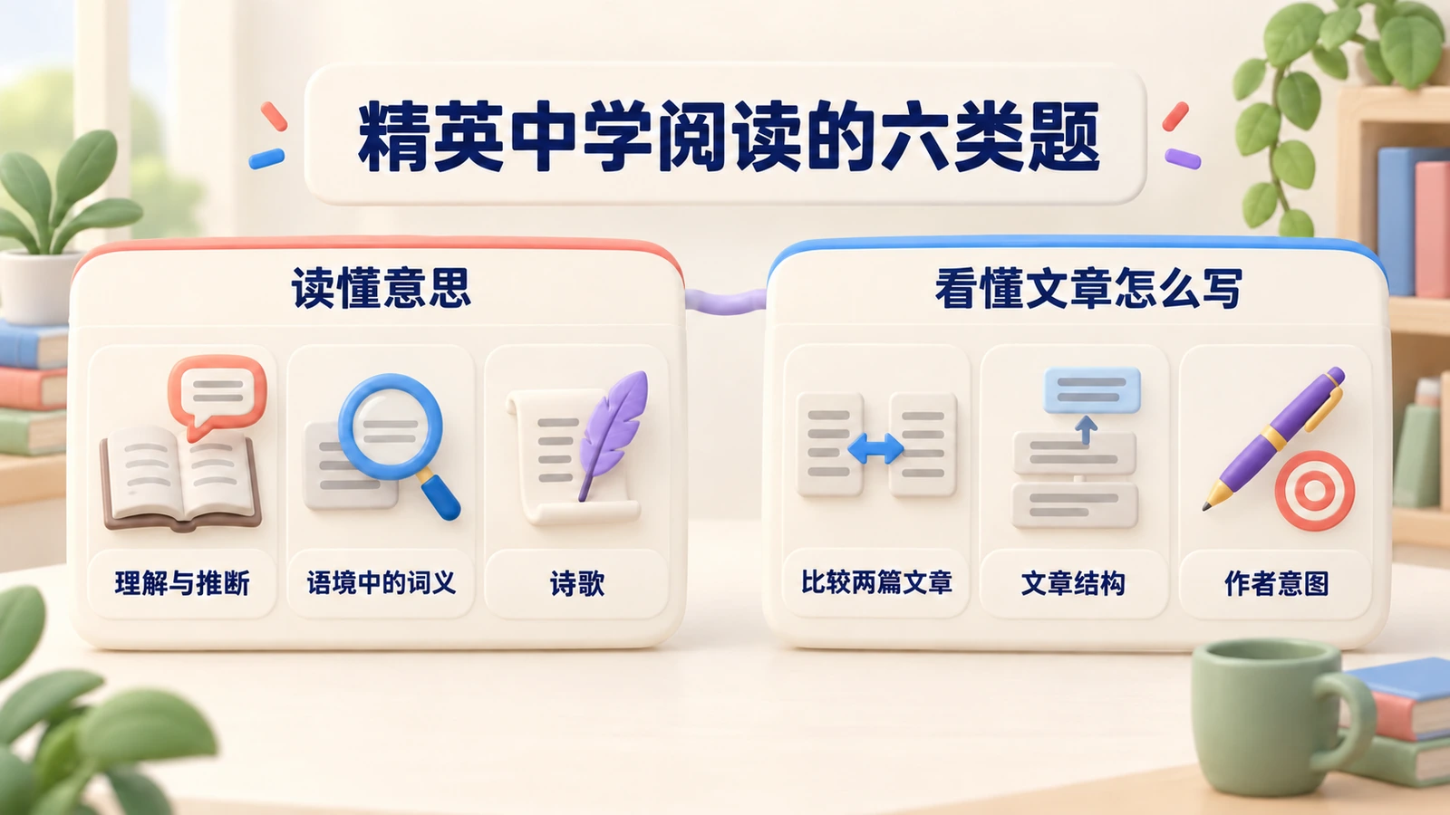 精英中学阅读六类题：理解与推断、语境词义、诗歌、比较两篇文章、文章结构、作者意图。