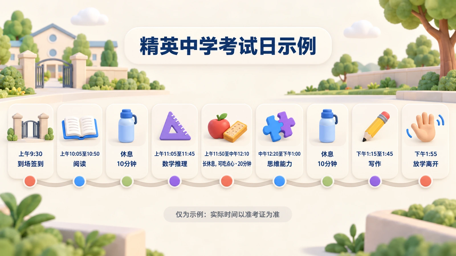 精英中学考试日示例：上午9:30到场，阅读、数学、长休息、思维能力、写作，下午1:55离开。