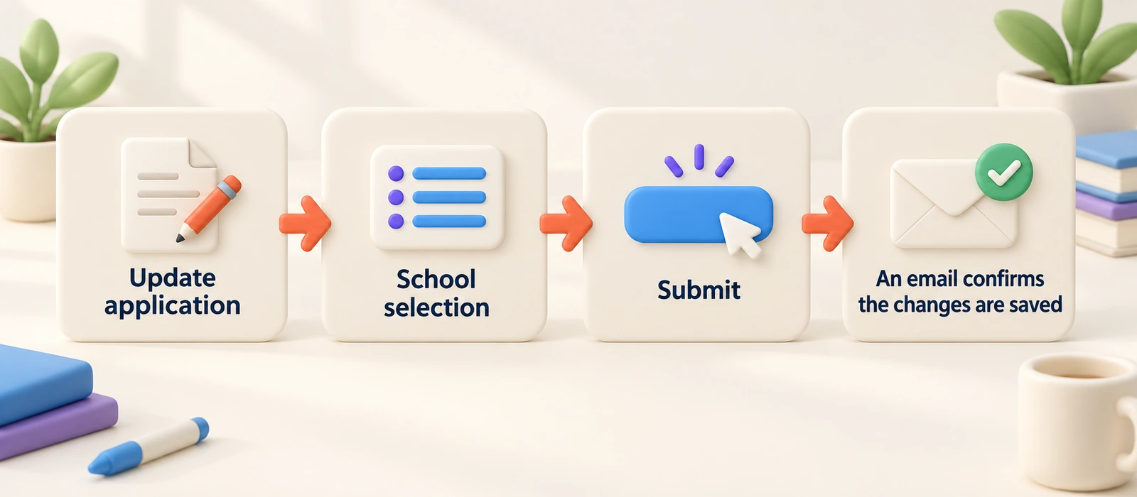 Changing school choices: Update application, then School selection, then Submit; an email confirms the changes are saved.