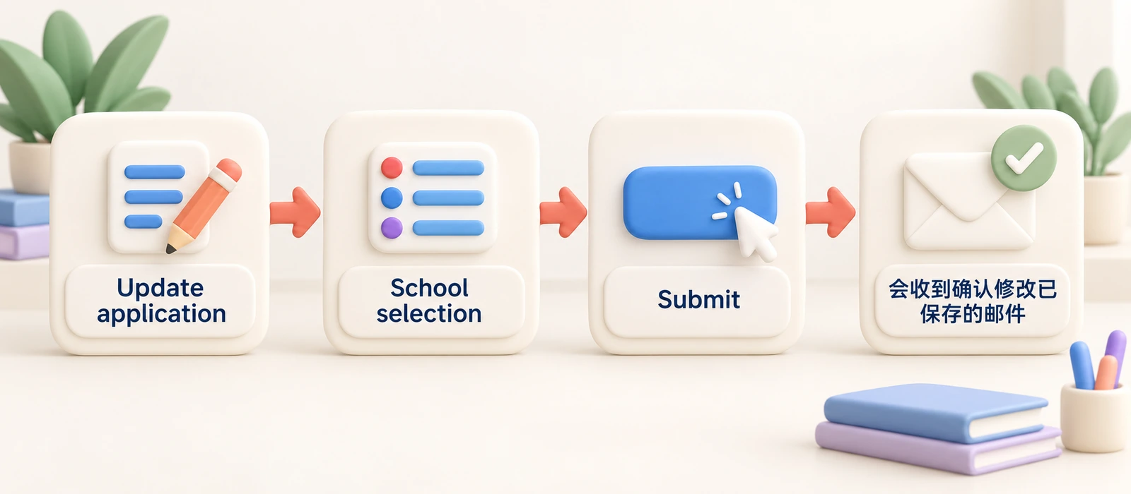 修改志愿:Update application,再选School selection,然后Submit;会收到确认修改已保存的邮件。