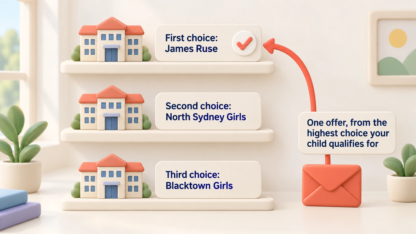 The Department's example list: James Ruse, then North Sydney Girls, then Blacktown Girls; one offer comes from the highest choice that fits.
