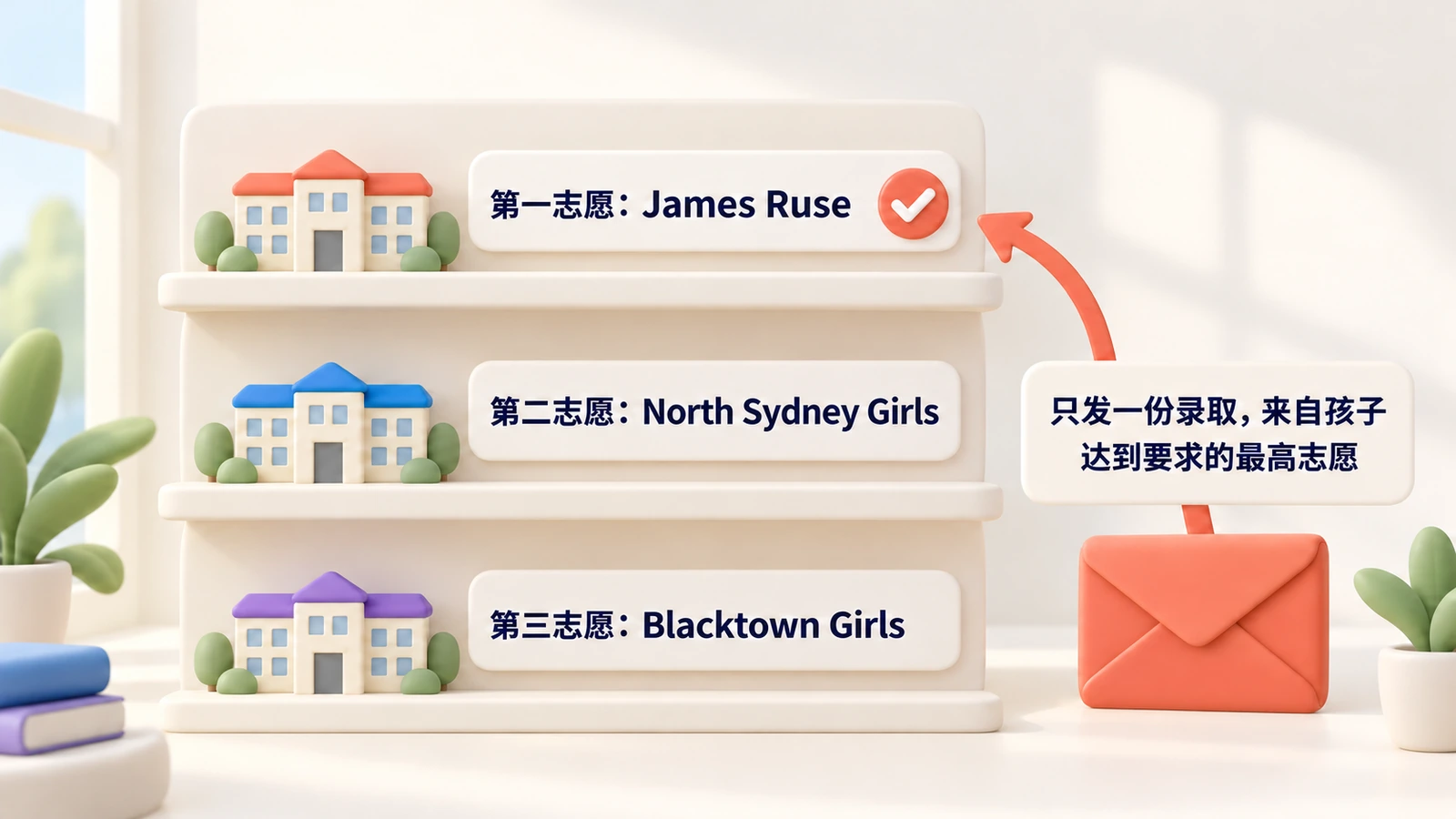 教育部的示例志愿:第一James Ruse,第二North Sydney Girls,第三Blacktown Girls;录取只来自达到要求的最高志愿。