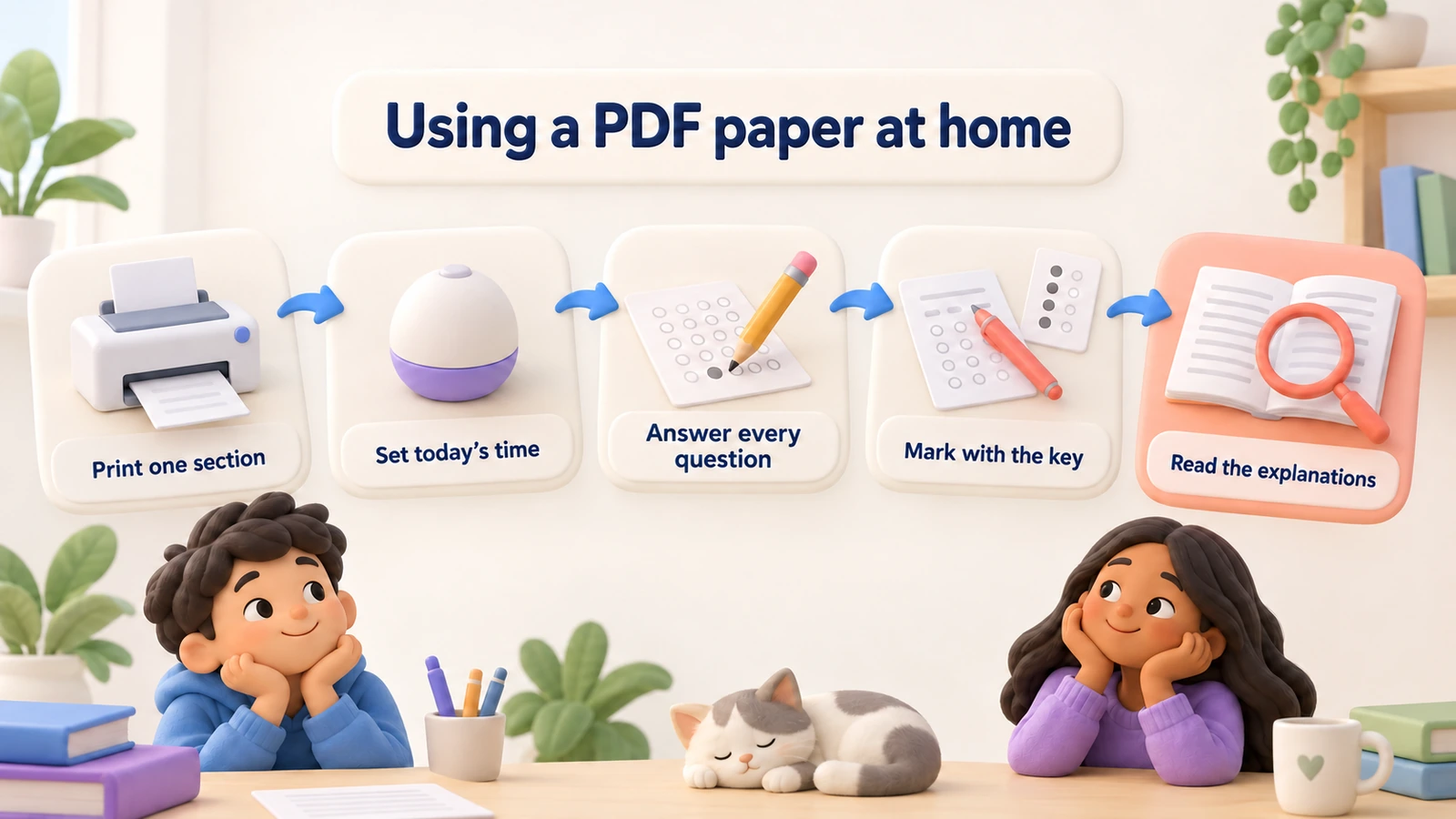 Using a PDF paper at home: print one section, set today's time, answer every question, mark with the key, read the explanations.