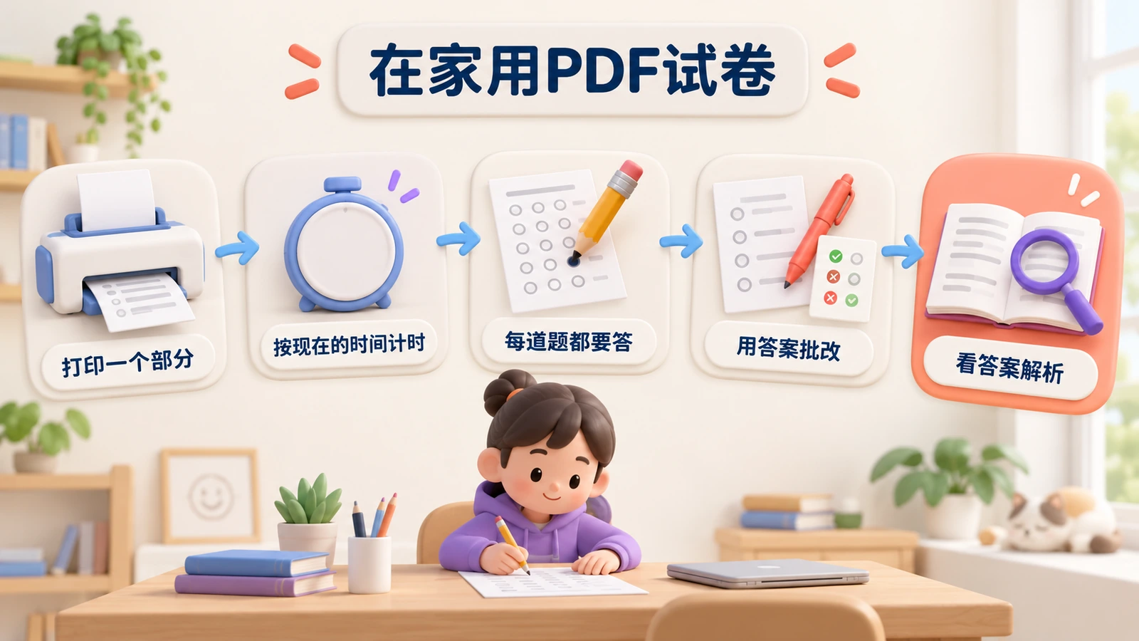 在家用PDF试卷:打印一个部分,按现在的时间计时,每道题都要答,用答案批改,看答案解析。