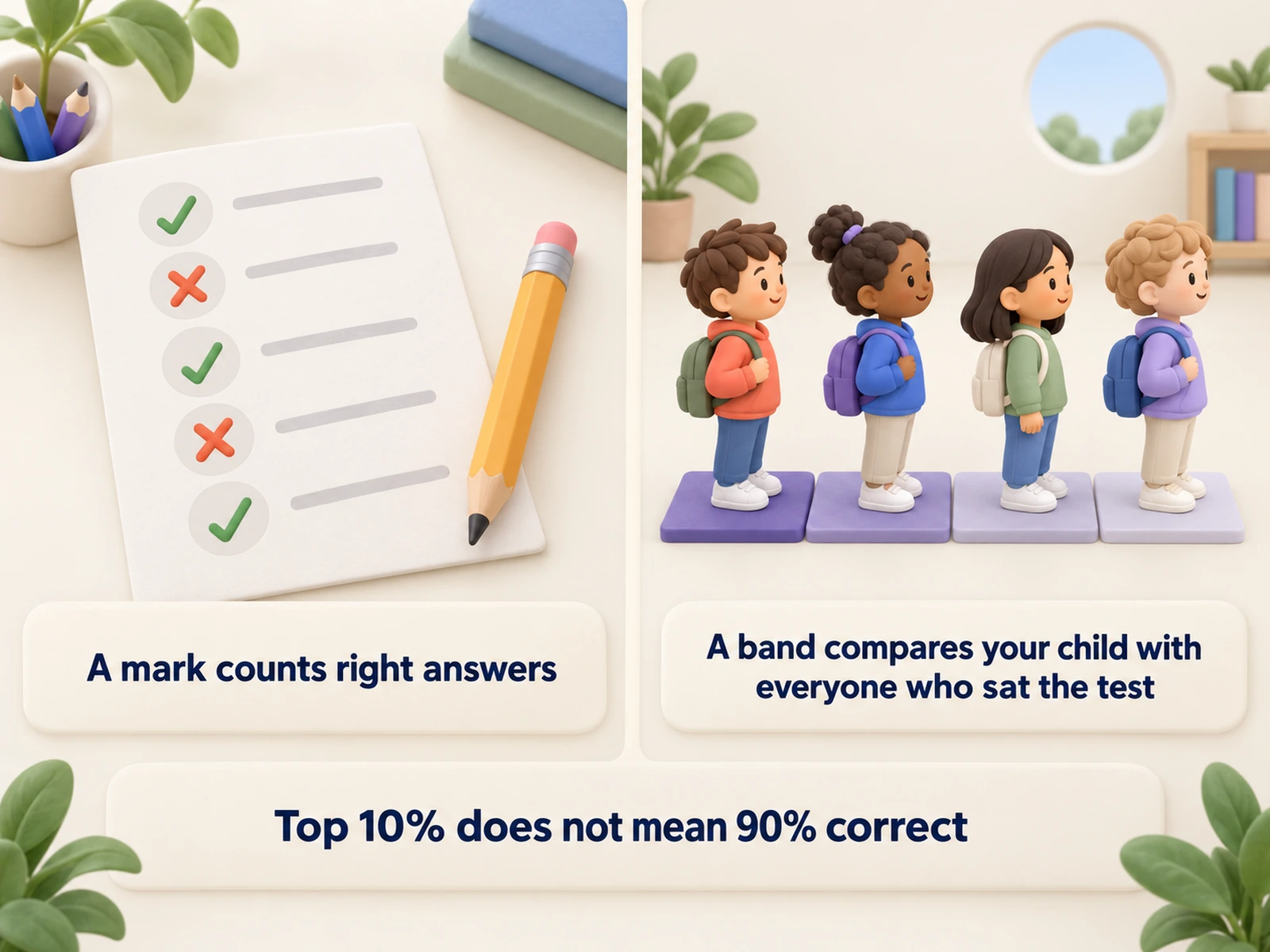 A mark counts right answers; a band compares your child with everyone who sat the test. Top 10% does not mean 90% correct.