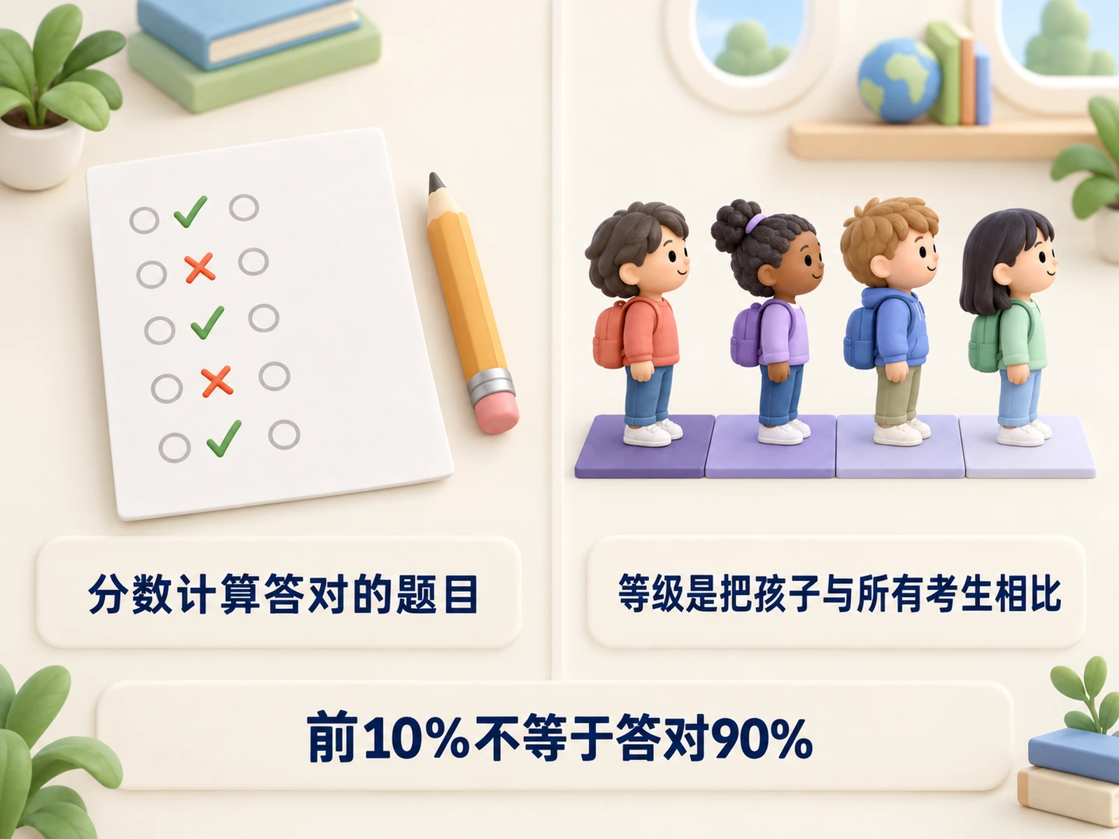 分数计算答对的题目;等级是把孩子与所有考生相比。前10%并不等于答对90%。