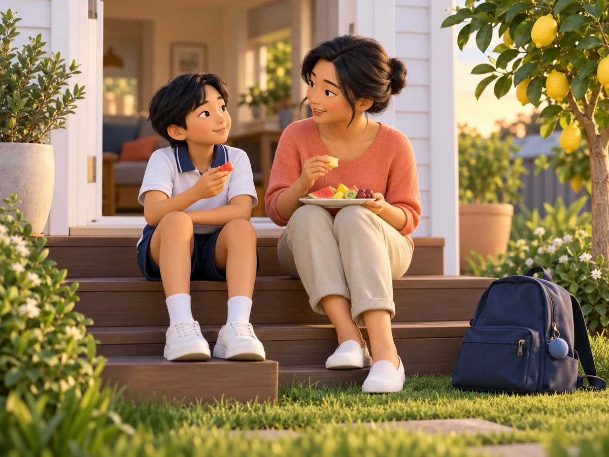 A parent and child share fruit on the back steps after school, talking calmly, with no report in sight.