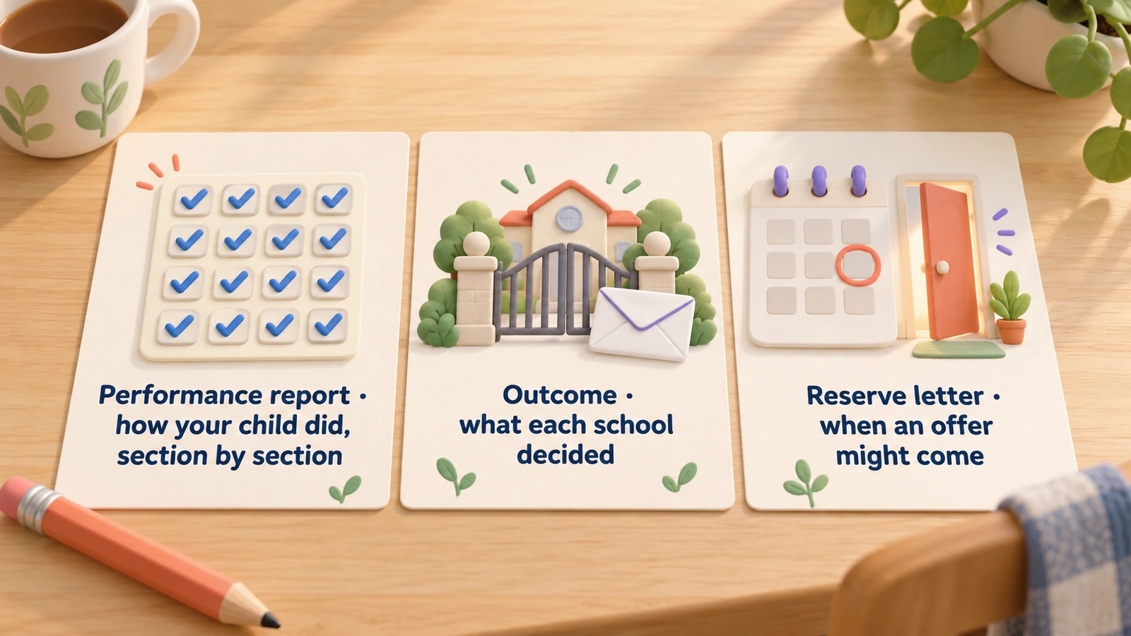 Three cards: the performance report shows how your child did by section; the outcome, what each school decided; a reserve letter, when an offer might come.