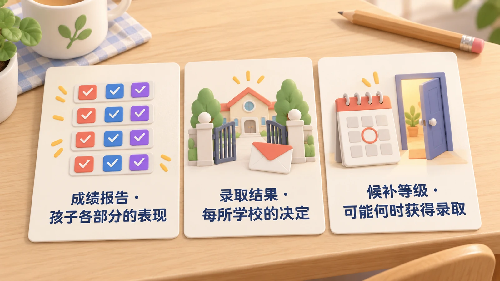 三张卡片:成绩报告显示孩子各部分的表现;录取结果显示每所学校的决定;候补等级显示可能何时获得录取。