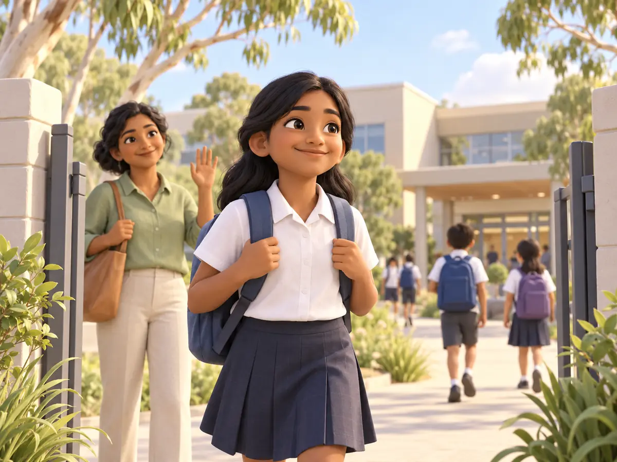 On the first morning of Year 7, a child with a new backpack stands at a school gate while a parent waves.