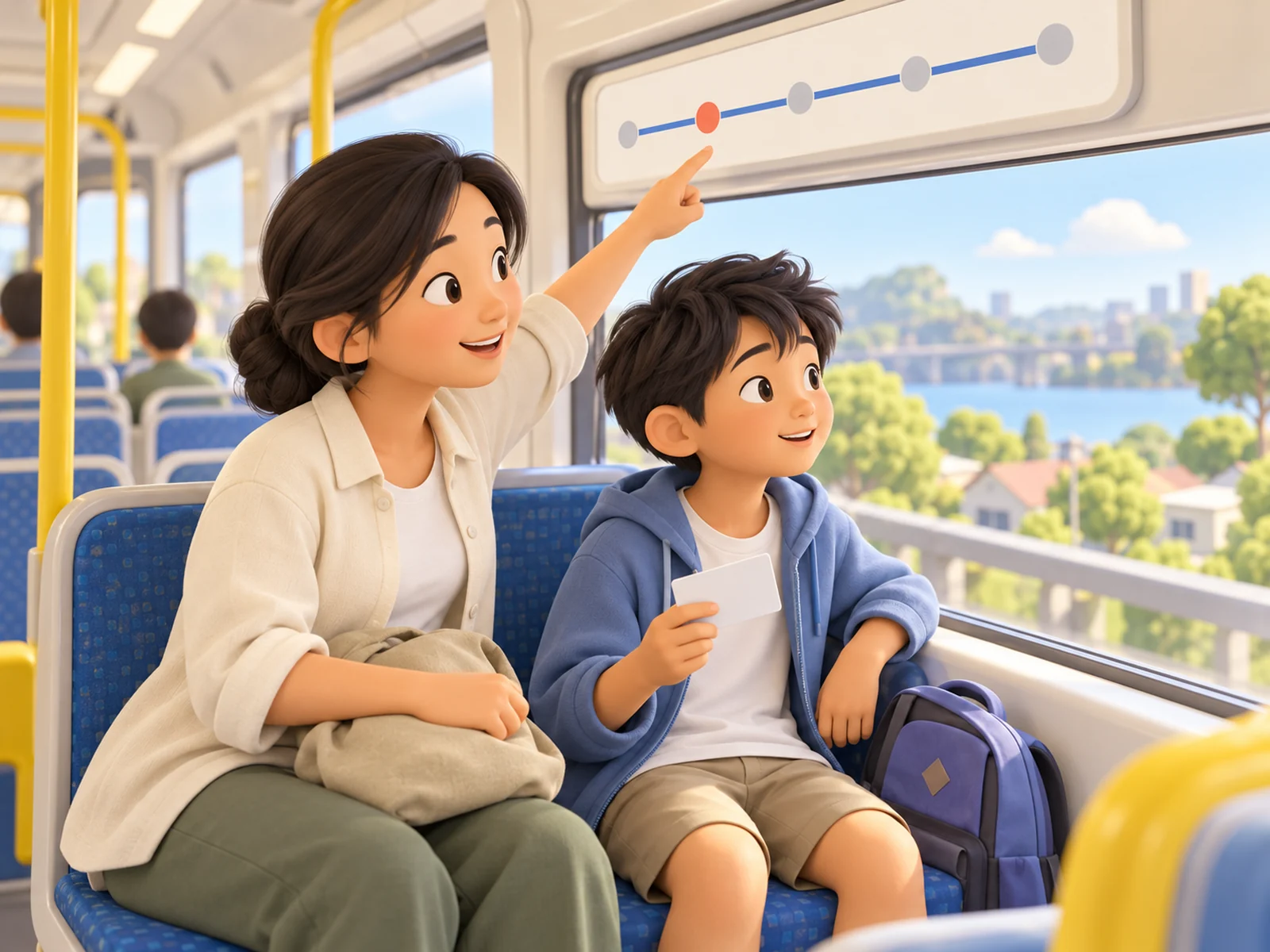 A parent and child practise the trip to the new school on a bright, quiet train in the summer holidays.