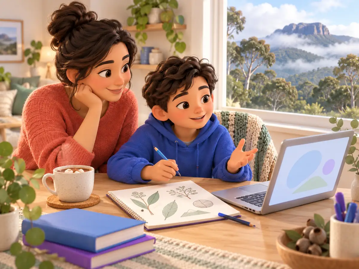 A child explains an online course to a parent at a desk by a window looking out on misty Tasmanian hills.