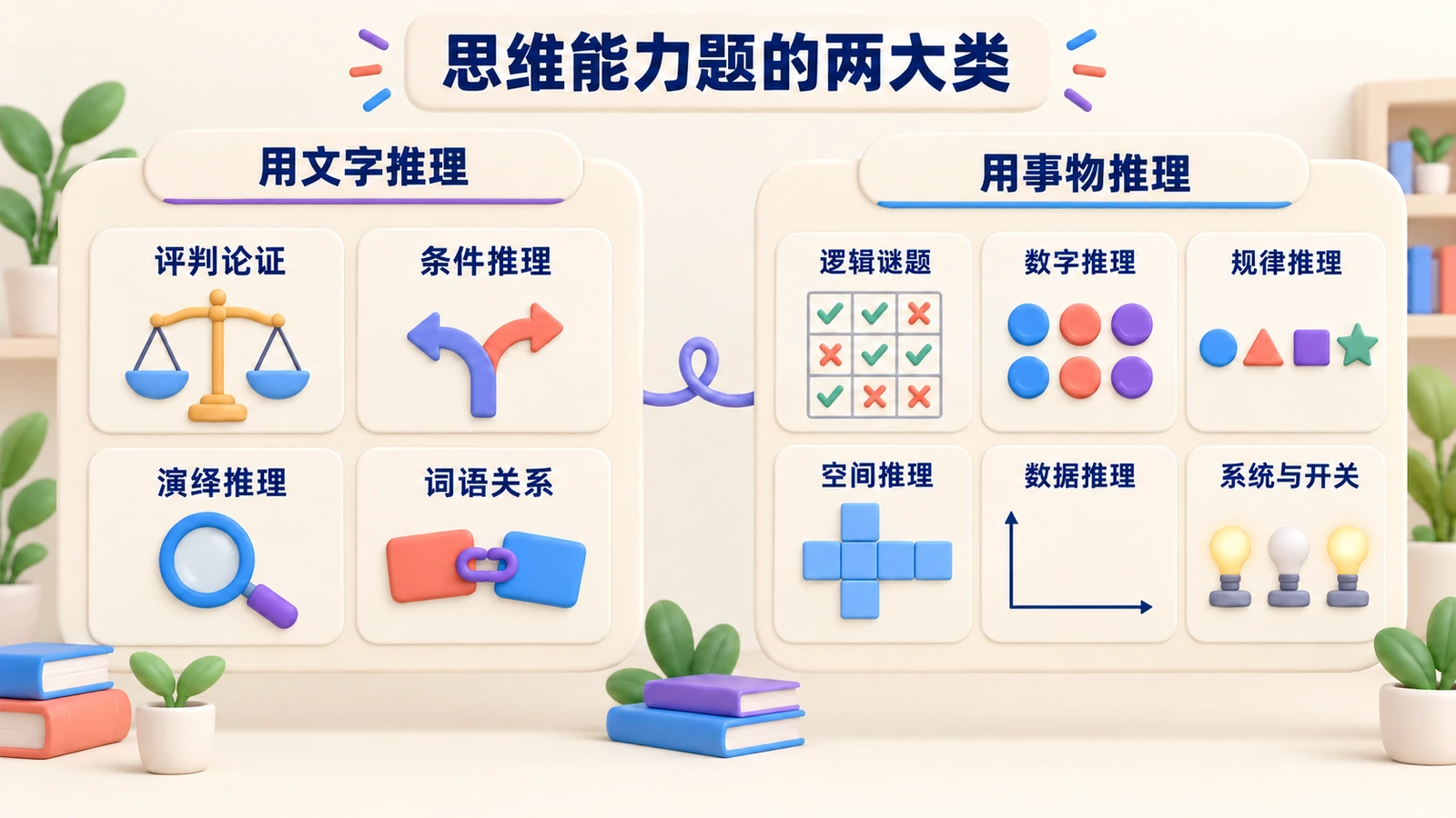 思维能力题分两类：用文字推理（论证、条件、演绎、词语关系），用事物推理（谜题、数字、图形、空间、数据、开关）。