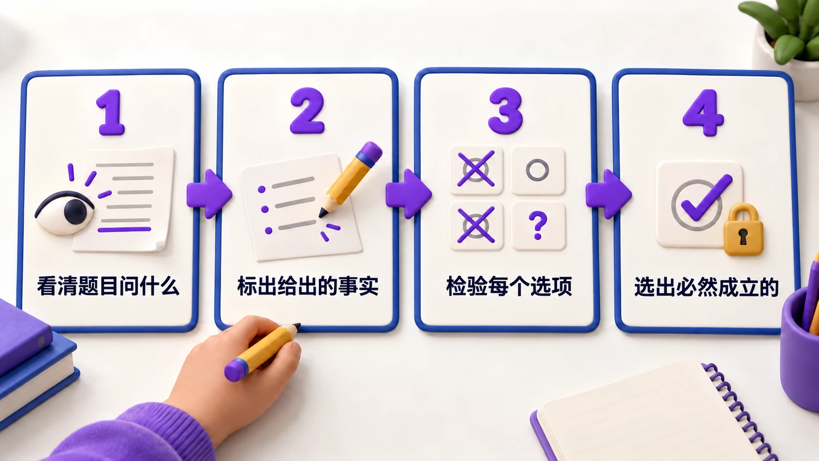 四步方法：看清题目问什么，标出已知事实，逐个检验选项，选出必然成立的答案。