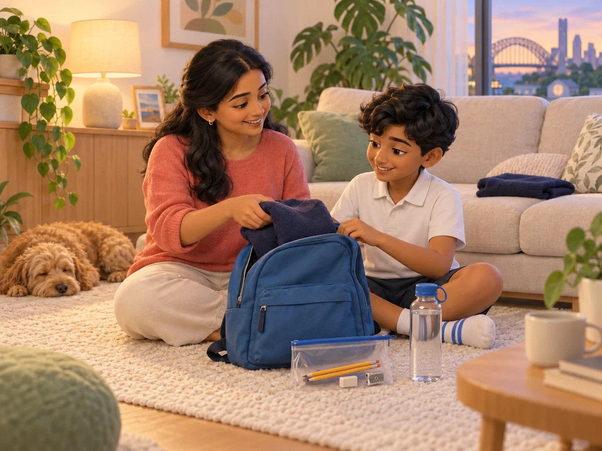 A parent and child pack a backpack together on the living-room floor the evening before the test.