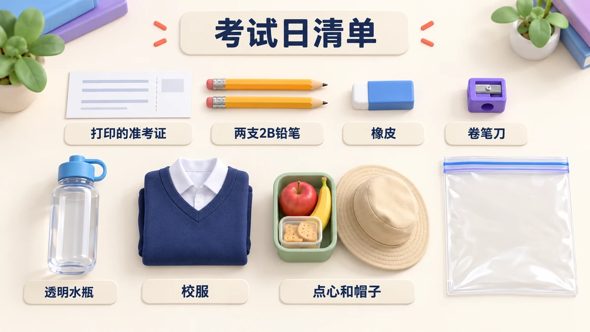 考试日清单:打印的准考证、两支2B铅笔、橡皮、卷笔刀、透明水瓶、校服、点心和帽子。