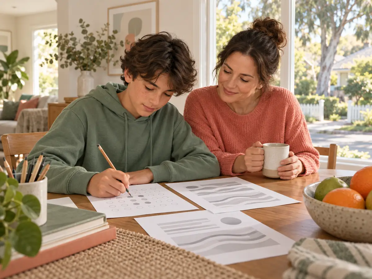 A parent and child go through printed sample pages together at a table.