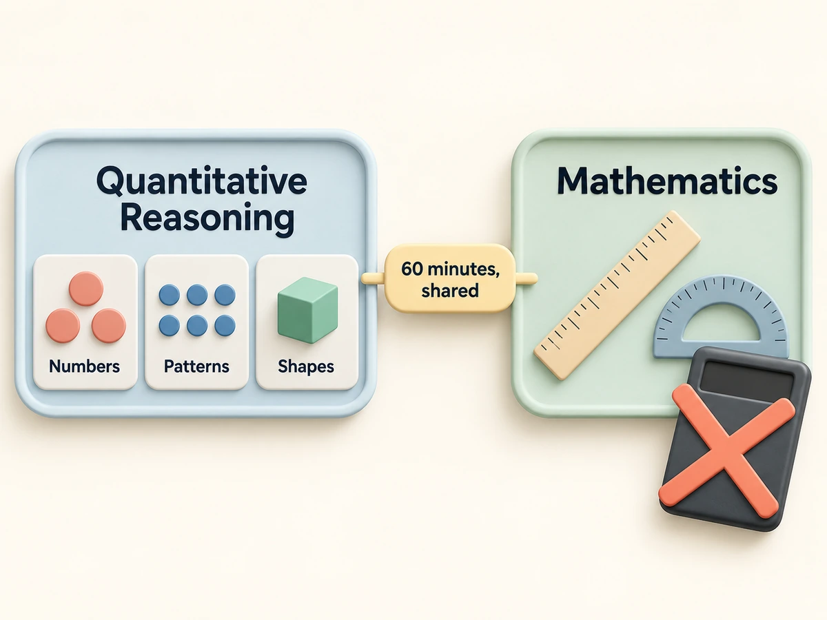 Quantitative Reasoning (numbers, patterns, shapes) and Mathematics share one 60-minute sitting, with no calculator.