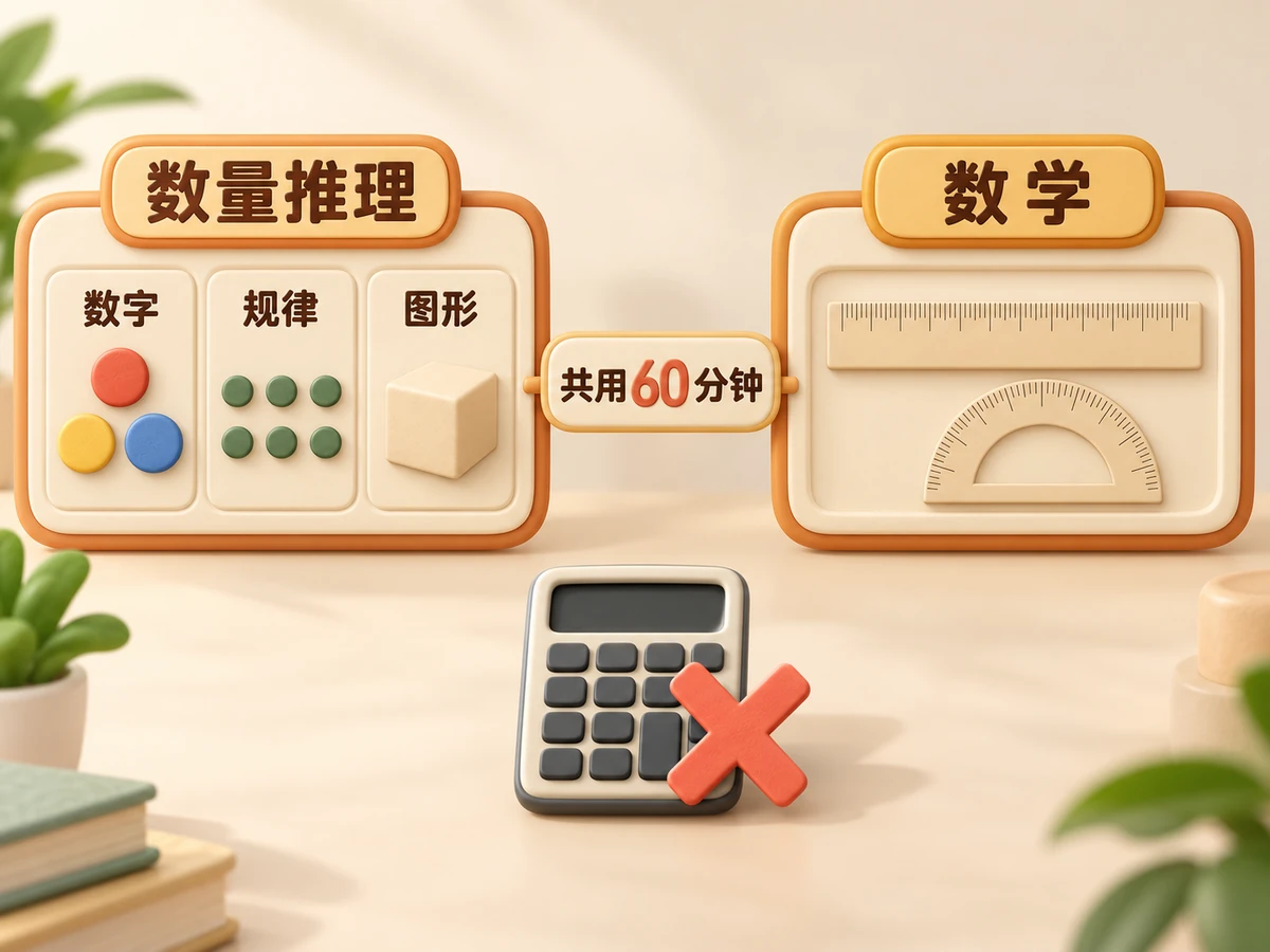 数量推理(数字、规律、图形)和数学共用一场60分钟的考试,不能用计算器。