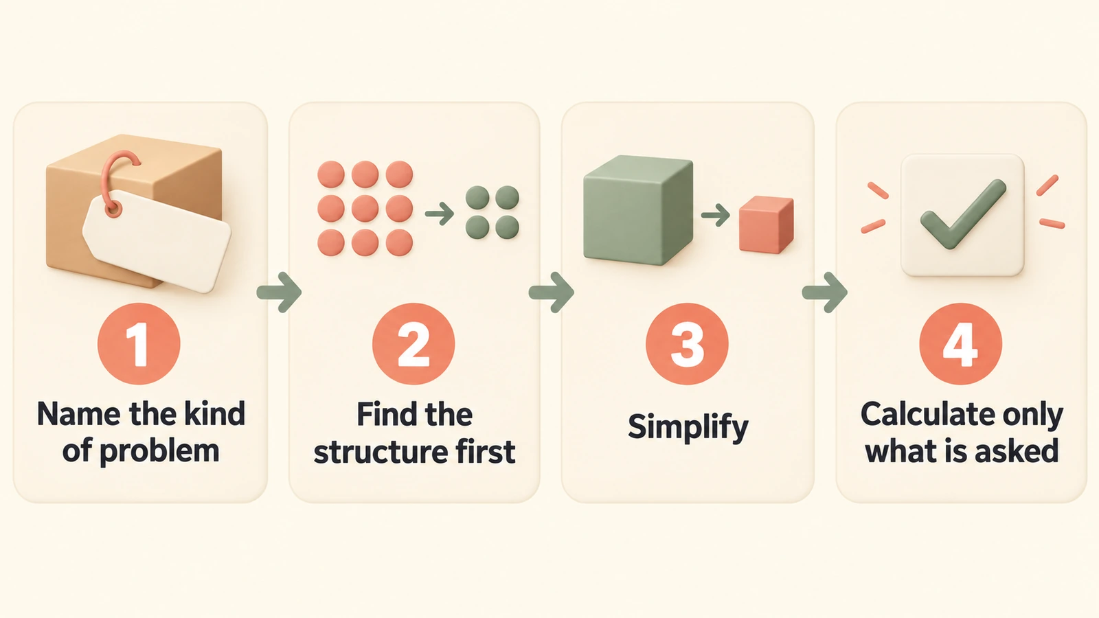 Four steps: name the kind of problem, find the structure first, simplify, calculate only what is asked.
