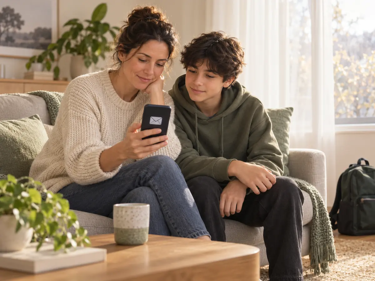 A parent and a Year 8 child look calmly at an email on a phone together on a couch.