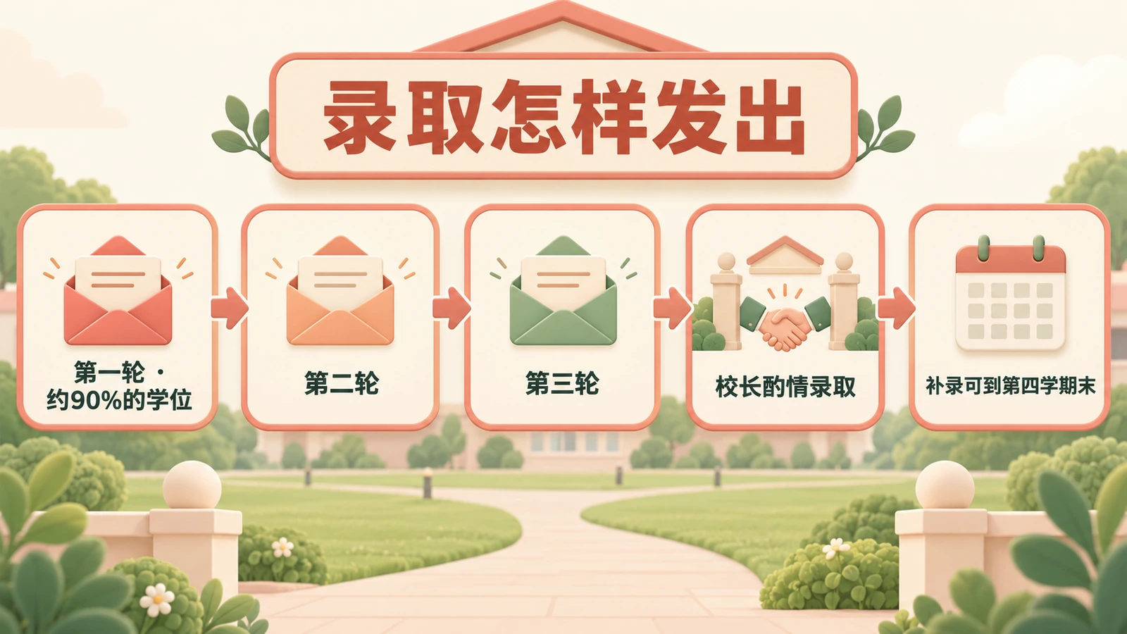 录取依次发出：第一轮（约90%的学位）、第二轮、第三轮、校长酌情录取，补录可到第四学期末。