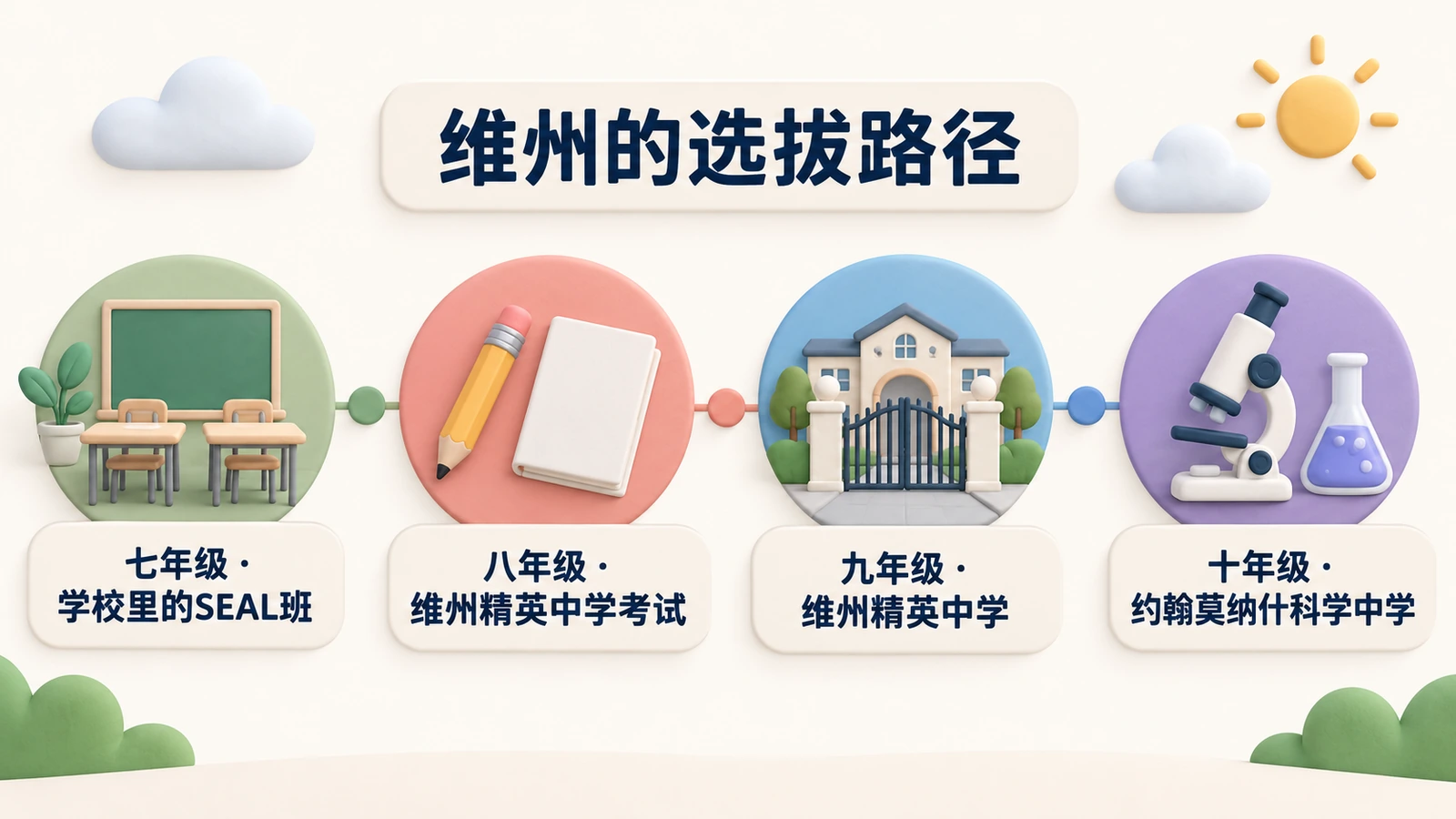 维州按年级的路径:七年级SEAL班,八年级考维州精英中学,九年级入读,十年级起约翰莫纳什科学中学。