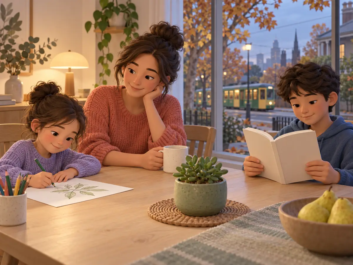 A parent and two children read and draw at a dining table in a Melbourne home, with a tram passing outside.