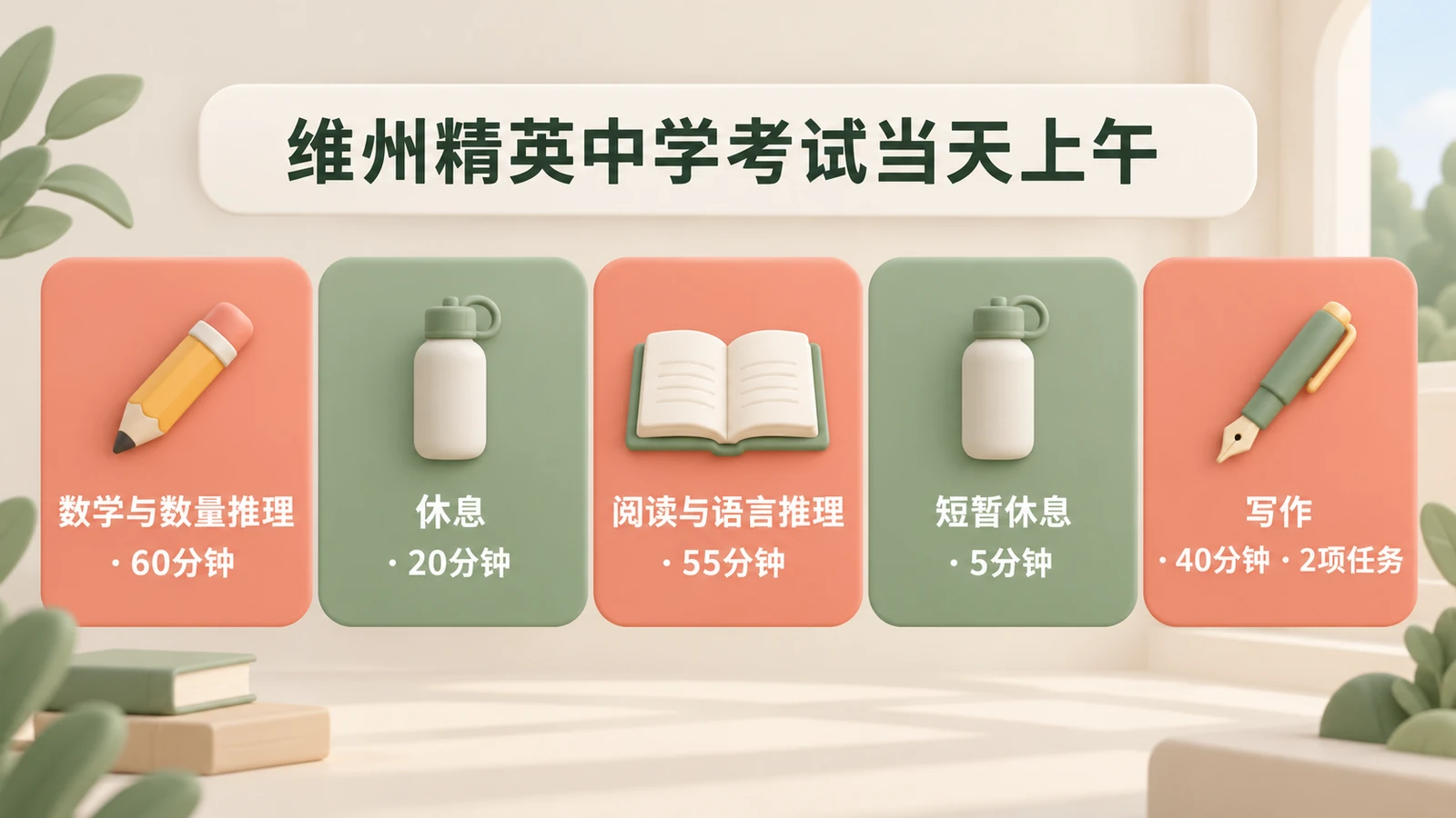 考试当天上午:数学与数量推理60分钟,休息20分钟,阅读与语言推理55分钟,短暂休息5分钟,写作40分钟、2项任务。