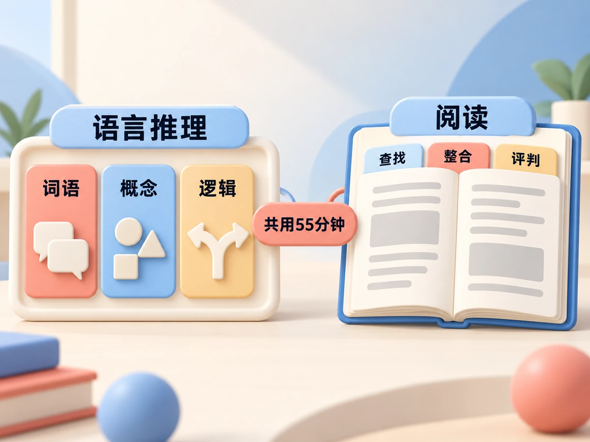 语言推理(词语、概念、逻辑)和阅读(查找、整合、评判)共用一场55分钟的考试。