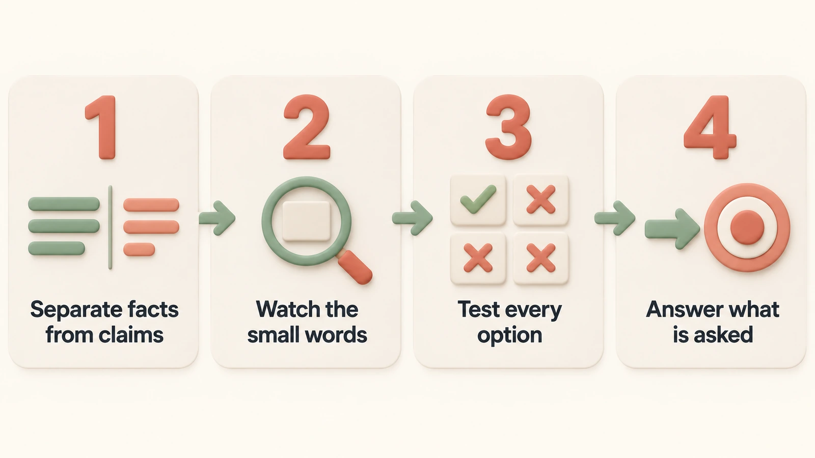 Four steps: separate facts from claims, watch the small words, test every option, answer what is asked.
