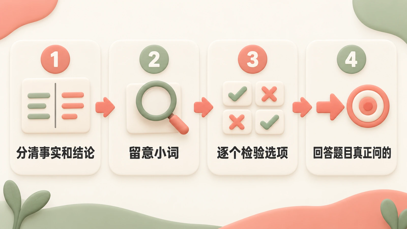 四个步骤:分清事实和结论,留意小词,逐个检验选项,回答题目真正问的。