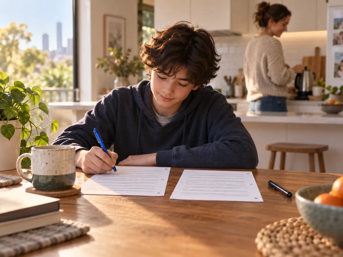 A child writes by hand with a pen, with two pieces of writing side by side on the table.
