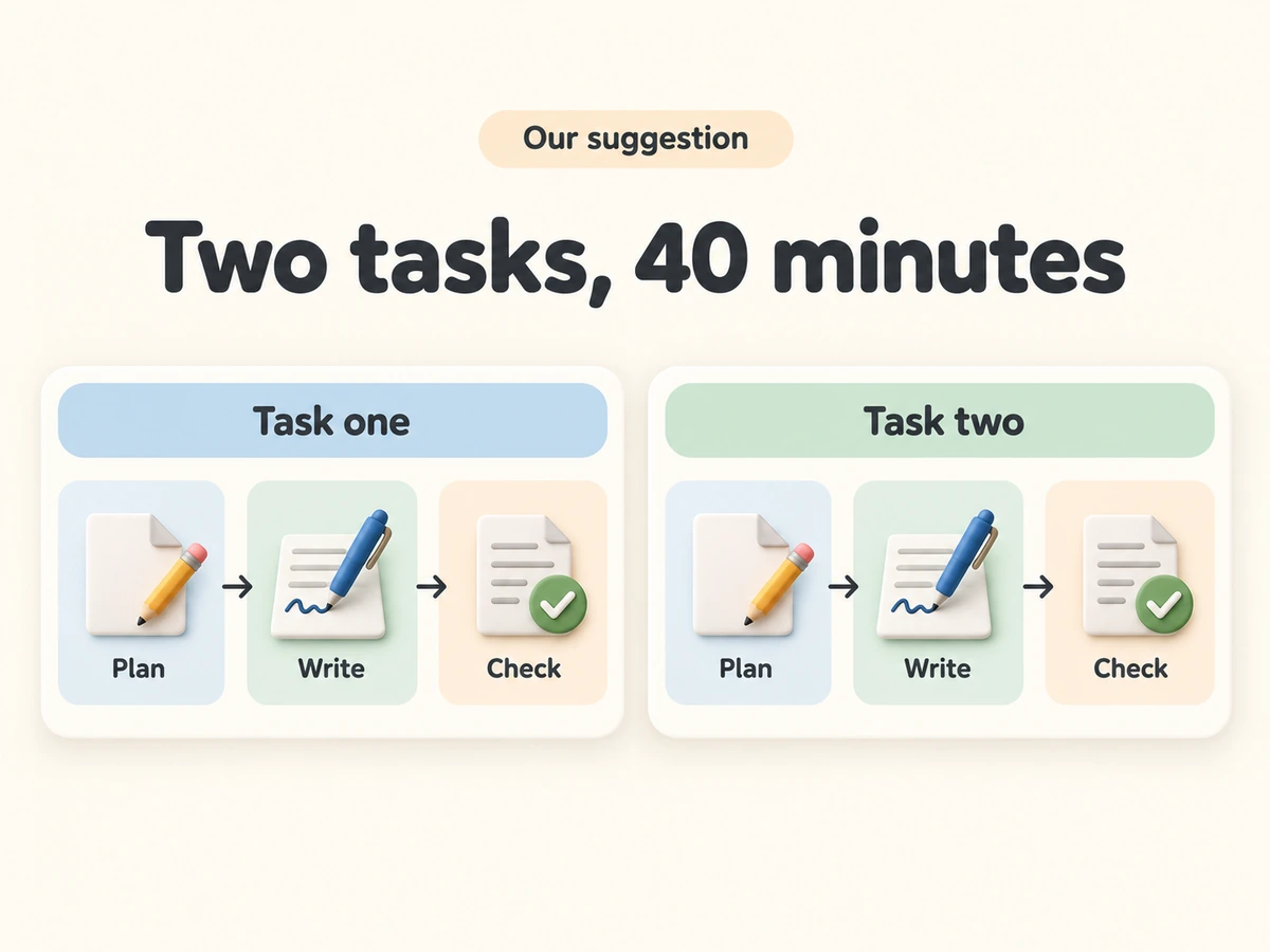 Our suggestion for two tasks in 40 minutes: for task one and task two alike, plan, write, then check.