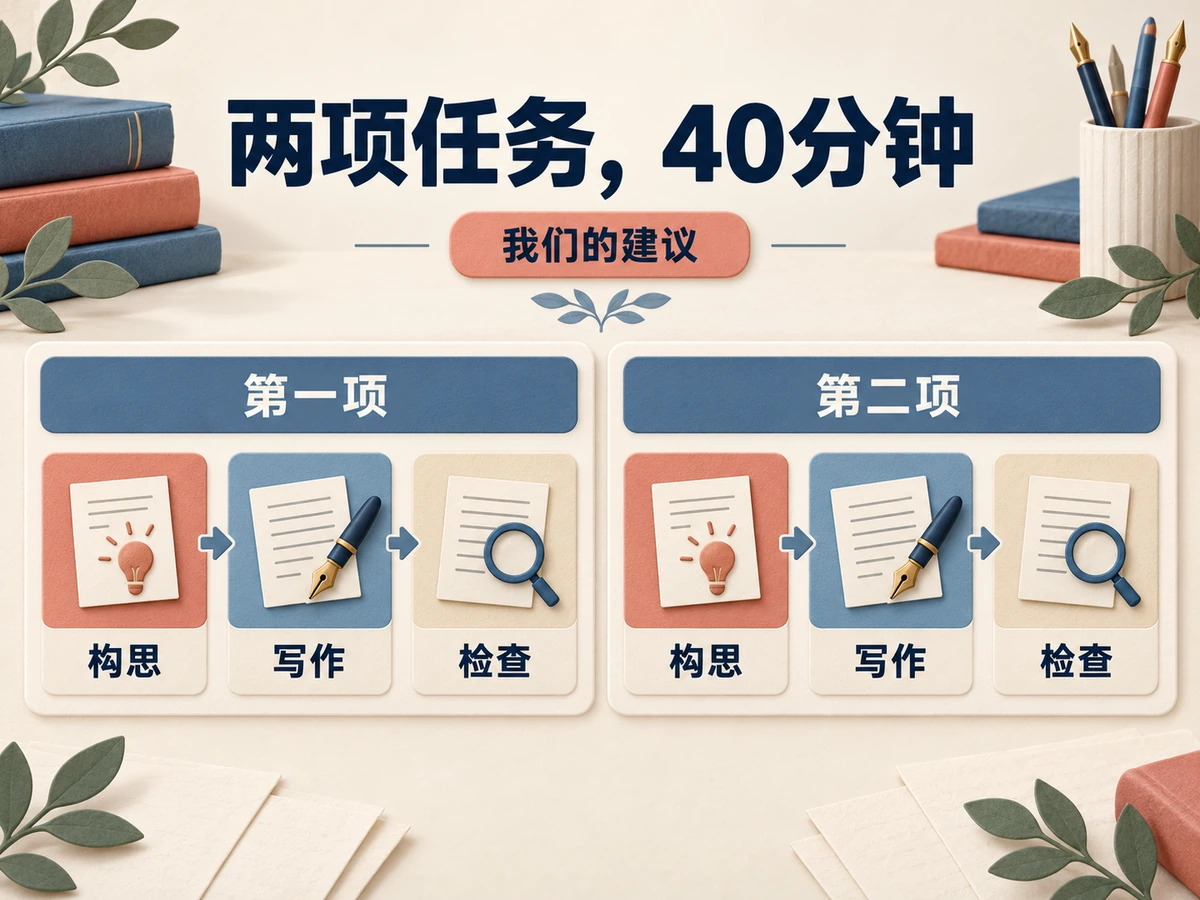 我们的建议:40分钟两项任务,第一项和第二项都按构思、写作、检查的顺序完成。