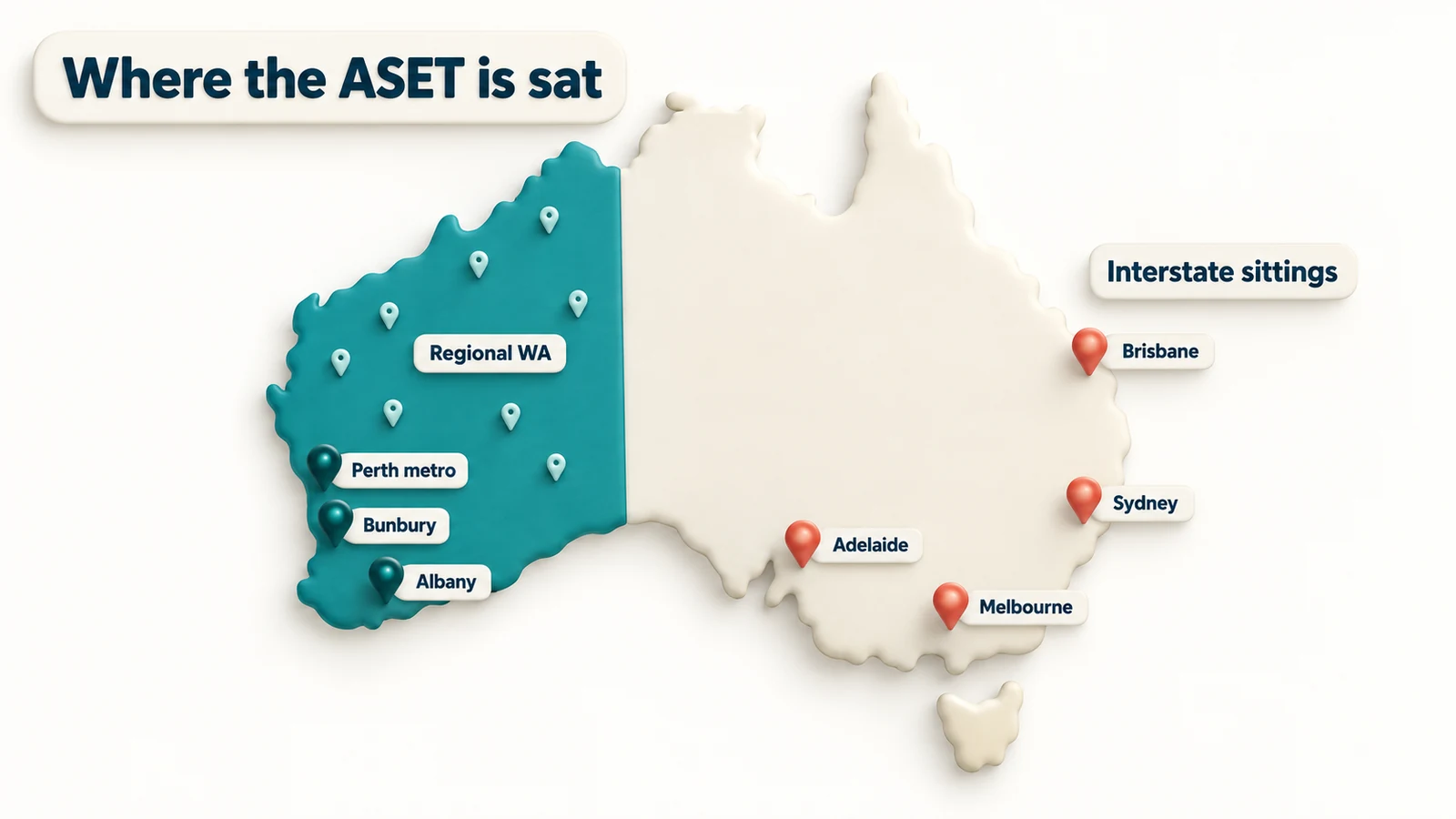 Map: the ASET is sat in Perth metro, Bunbury, Albany and regional WA, with sittings in Brisbane, Sydney, Melbourne and Adelaide.