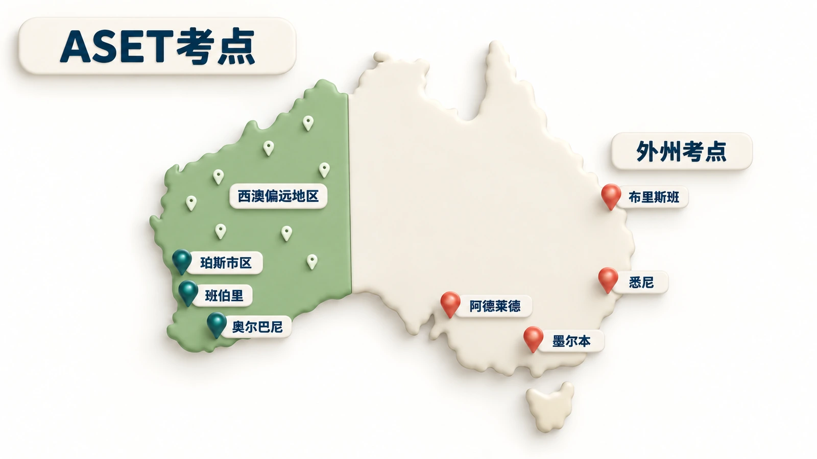 地图：ASET在珀斯市区、班伯里、奥尔巴尼和西澳偏远地区举行，另在布里斯班、悉尼、墨尔本和阿德莱德设考点。
