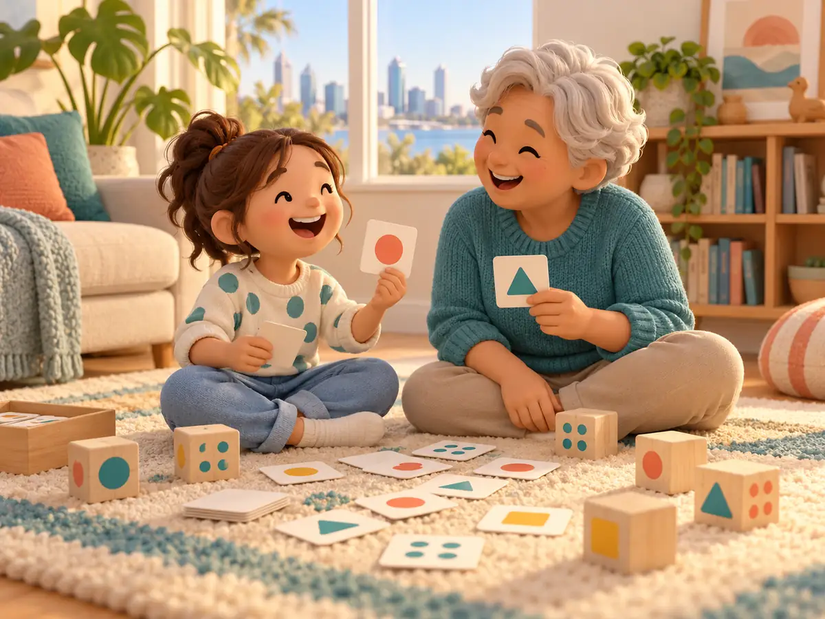 A Year 4 child and a grandparent play a card game with picture cards and number blocks on a living-room rug.