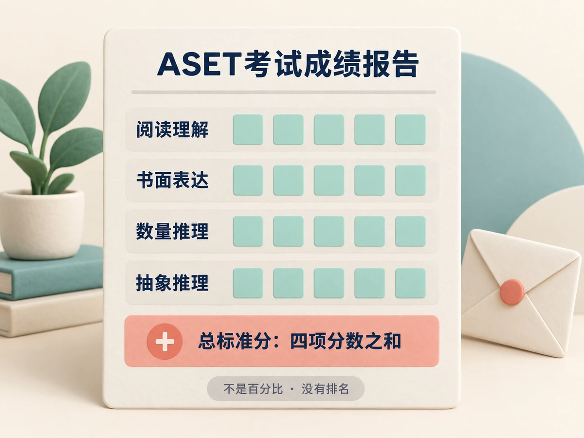 ASET考试成绩报告:四项考试各有一个分数,相加得出总标准分;不是百分比,也没有排名。