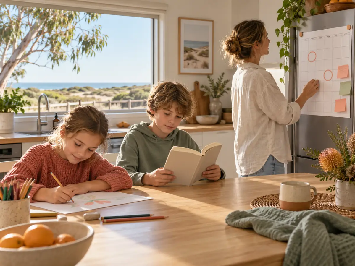 A parent checks a wall planner in a bright Perth kitchen while two children read and draw at the bench.