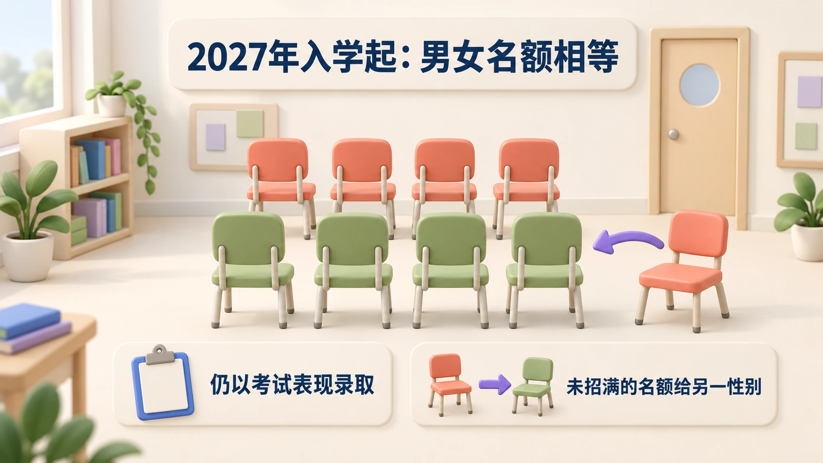从2027年入学起,男女名额相等;仍以考试表现录取,未招满的名额给另一性别。