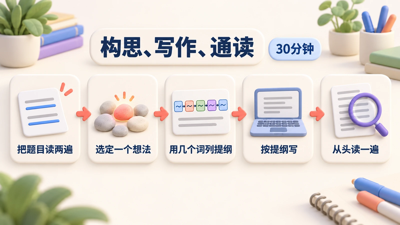 30分钟写作的五个步骤:把题目读两遍,选定一个想法,列提纲,按提纲写,从头读一遍。