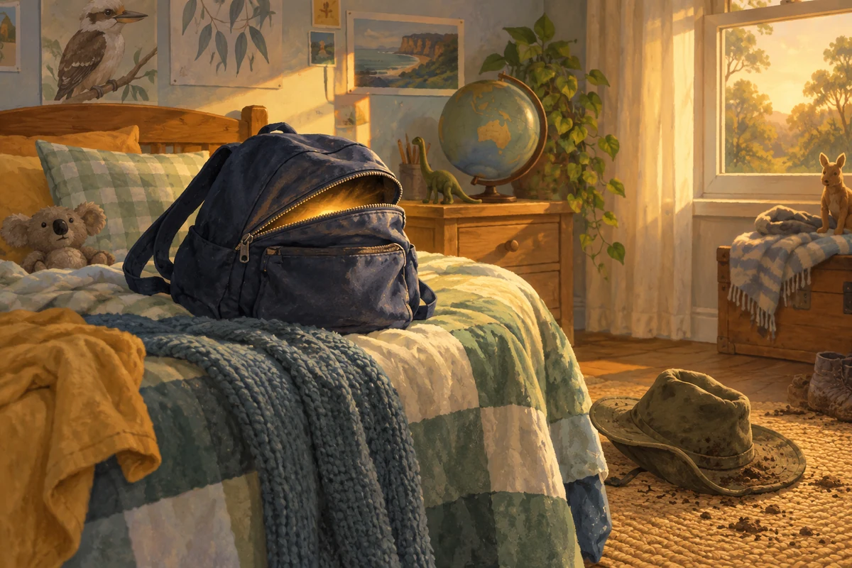 A half-open navy backpack glows softly on a sunlit bed, with a muddy camp hat on the bedroom floor.
